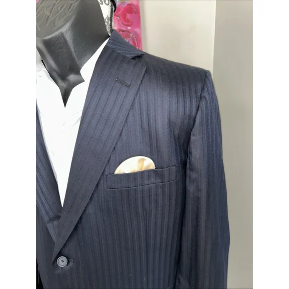 Holland Sherry 44R Navy Royal Classic Herringbone Striped Custom Suit